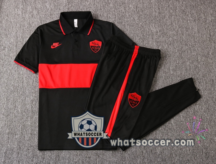 Training Polo Set AS Roma + Pants Black Red 2020-2021