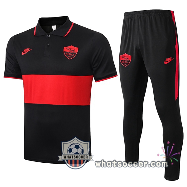 Training Polo Set AS Roma + Pants Black Red 2020-2021