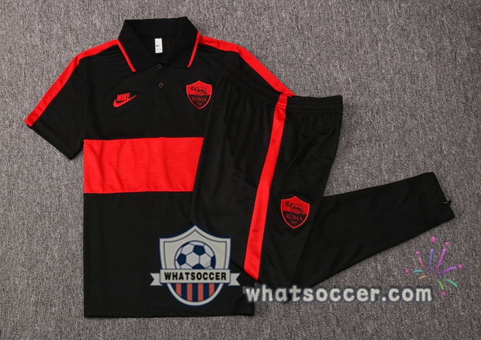 Training Polo Set AS Roma + Pants Black Red 2020-2021