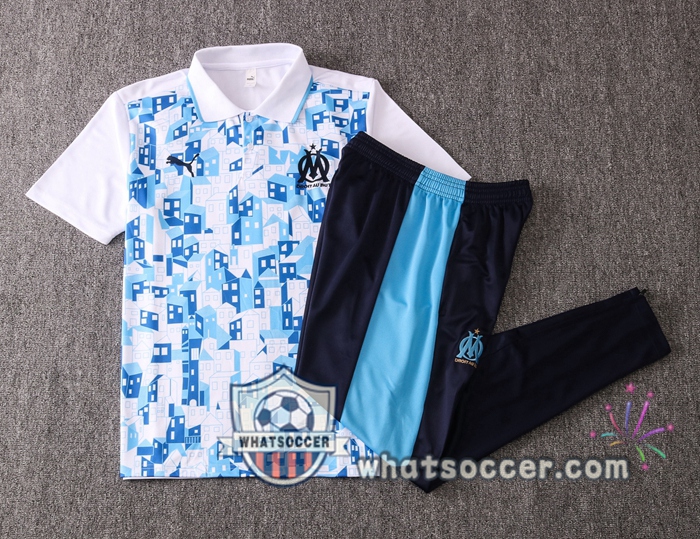 Training Polo Set Olympique de Marseille + Pants White Blue 2020-2021