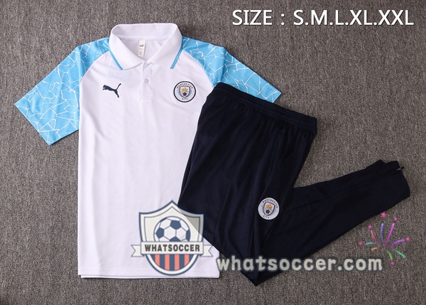 Training Polo Set Manchester City + Pants White Blue 2020-2021