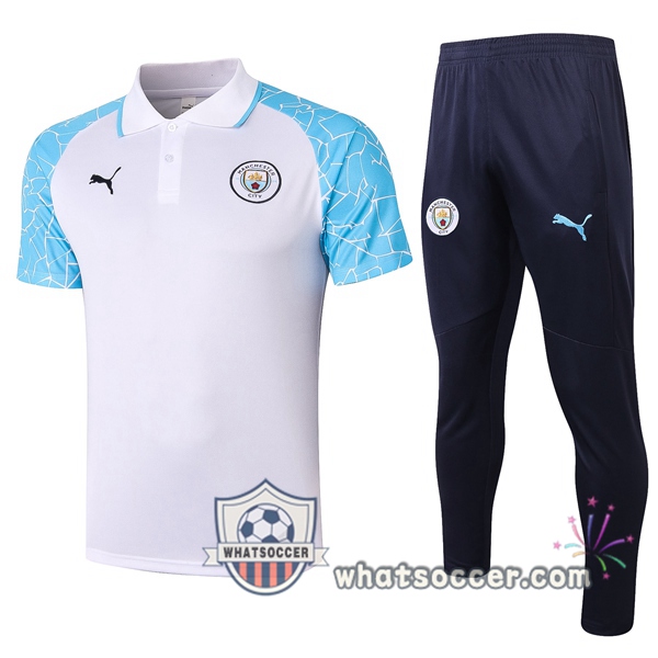 Training Polo Set Manchester City + Pants White Blue 2020-2021