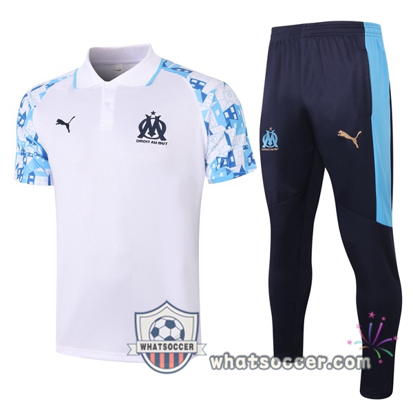 Training Polo Set Olympique de Marseille + Pants White Blue 2020-2021