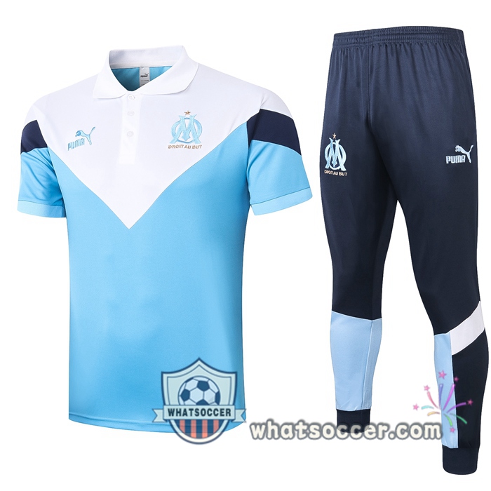 Training Polo Set Olympique de Marseille + Pants White Blue 2020-2021