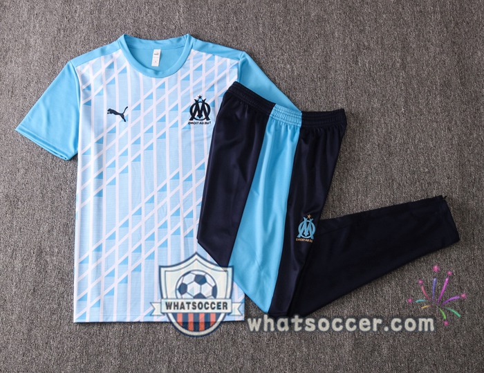 Olympique de Marseille + Pants Blue White Training T-Shirt Suit 2020-2021