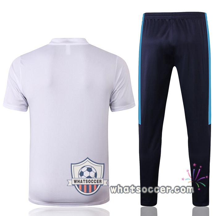 Olympique de Marseille + Pants White Blue Training T-Shirt Suit 2020-2021