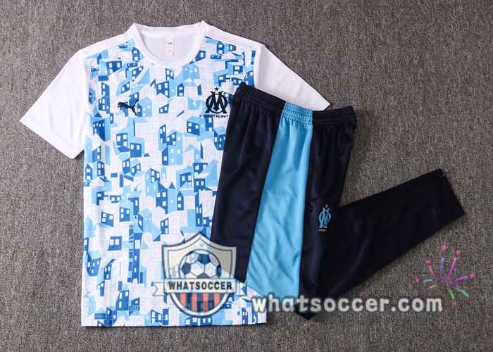 Olympique de Marseille + Pants White Blue Training T-Shirt Suit 2020-2021