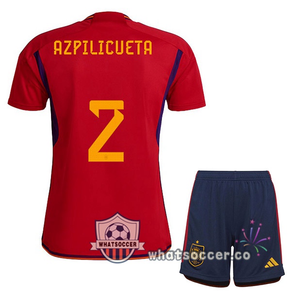 Spain (AZPILICUETA 2) Kids Home Soccer Jerseys Red 2022-2023