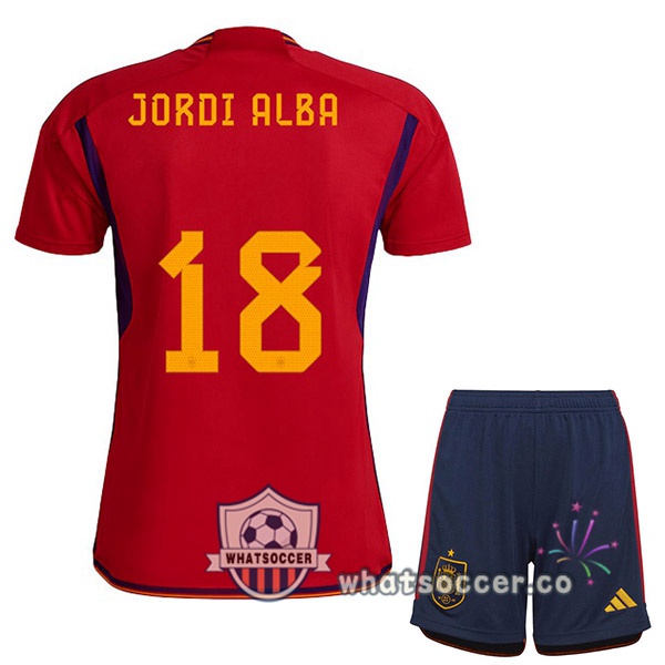 Spain (JORDI ALBA 18) Kids Home Soccer Jerseys Red 2022-2023