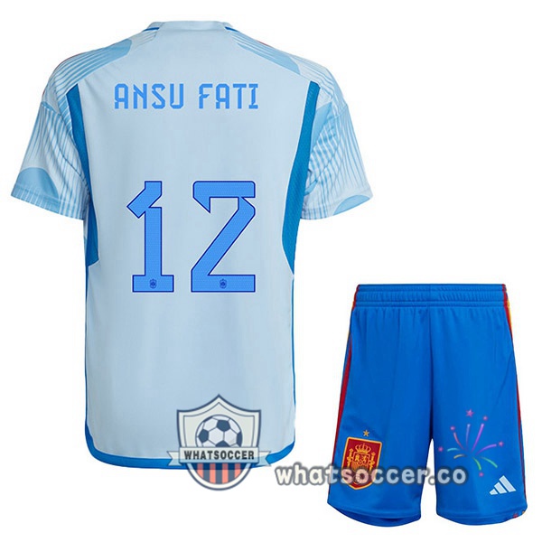 Spain (ANSU FATI 12) Kids Away Soccer Jerseys Blue White 2022-2023