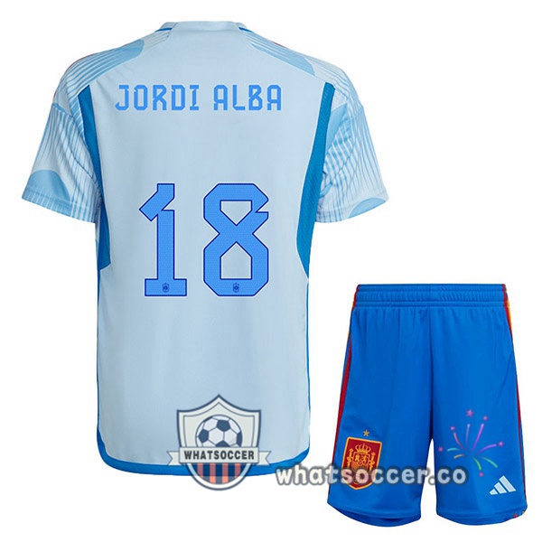 Spain (JORDI ALBA 18) Kids Away Soccer Jerseys Blue White 2022-2023