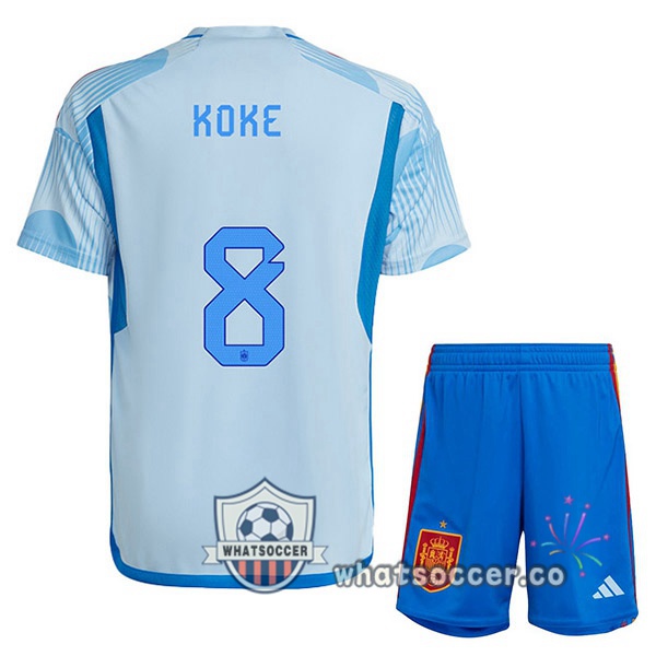 Spain (KOKE 8) Kids Away Soccer Jerseys Blue White 2022-2023