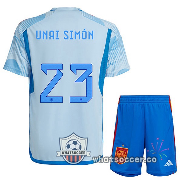 Spain (UNAI SIMÓN 23) Kids Away Soccer Jerseys Blue White 2022-2023