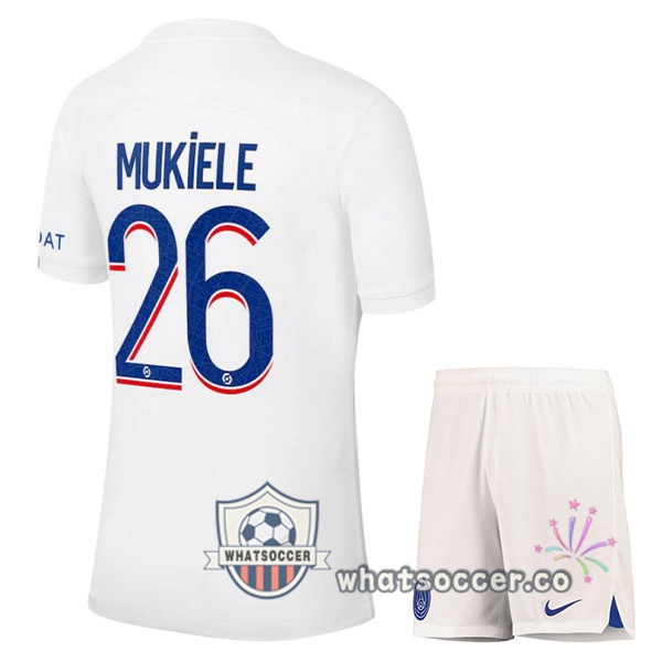 Paris PSG (MUKIELE 26) Kids Third Soccer Jerseys White 2022-2023