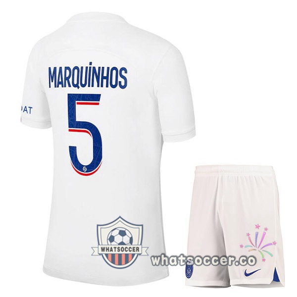 Paris PSG (MARQUINHOS 5) Kids Third Soccer Jerseys White 2022-2023