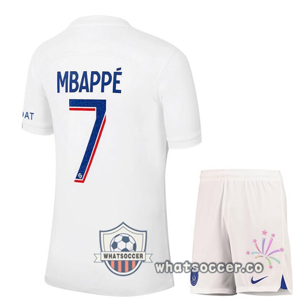 Paris PSG (MBAPPÉ 7) Kids Third Soccer Jerseys White 2022-2023