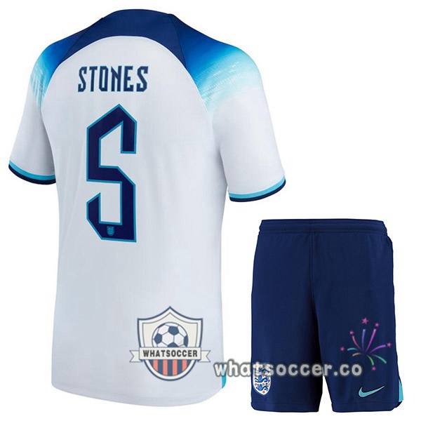 England (STONES 5) Kids Home Soccer Jerseys White 2022-2023