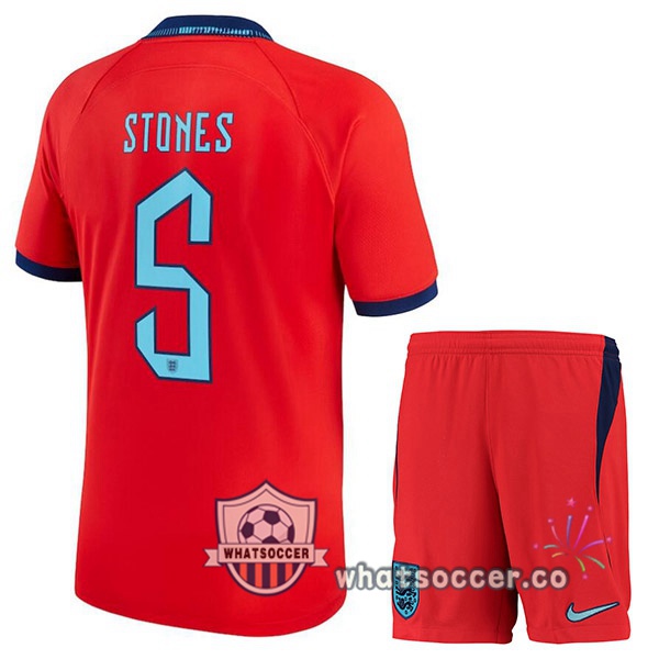 England (STONES 5) Kids Away Soccer Jerseys Red 2022-2023