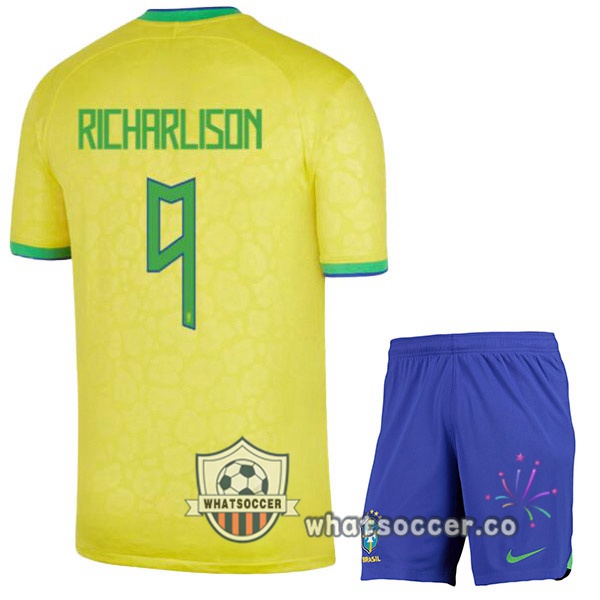 Brazil (RICHARLISON 9) Kids Home Soccer Jerseys Yellow 2022-2023