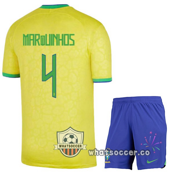 Brazil (MARQUINHOS 4) Kids Home Soccer Jerseys Yellow 2022-2023