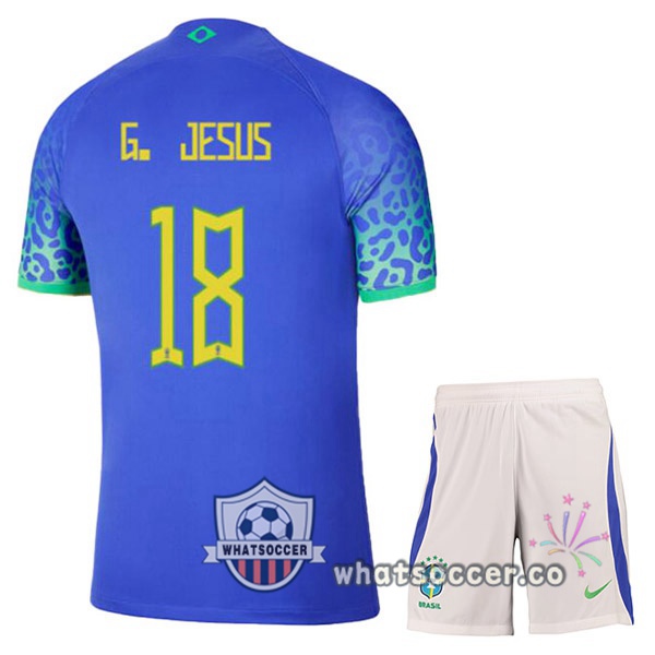 Brazil (G. JESUS 18) Kids Away Soccer Jerseys Blue 2022-2023