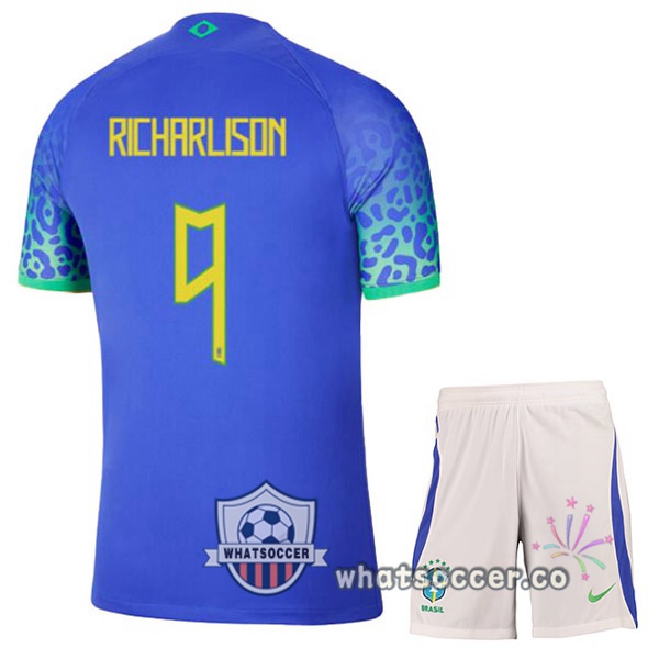 Brazil (RICHARLISON 9) Kids Away Soccer Jerseys Blue 2022-2023