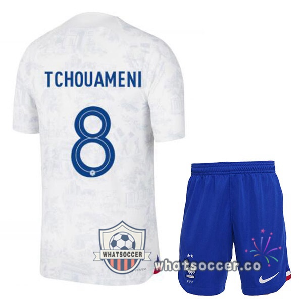 France (TCHOUAMENI 8) Kids Away Soccer Jerseys White 2022-2023