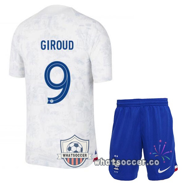 France (GIROUD 9) Kids Away Soccer Jerseys White 2022-2023