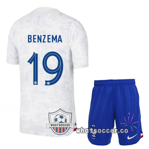 France (BENZEMA 19) Kids Away Soccer Jerseys White 2022-2023