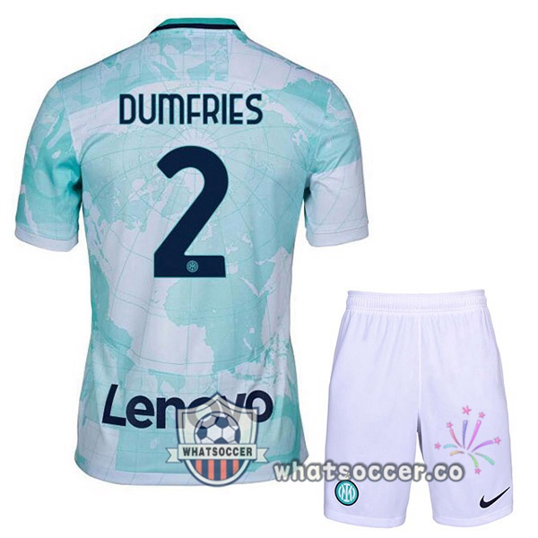 Inter Milan (DUMFRIES 2) Kids Away Soccer Jerseys White Green 2022-2023