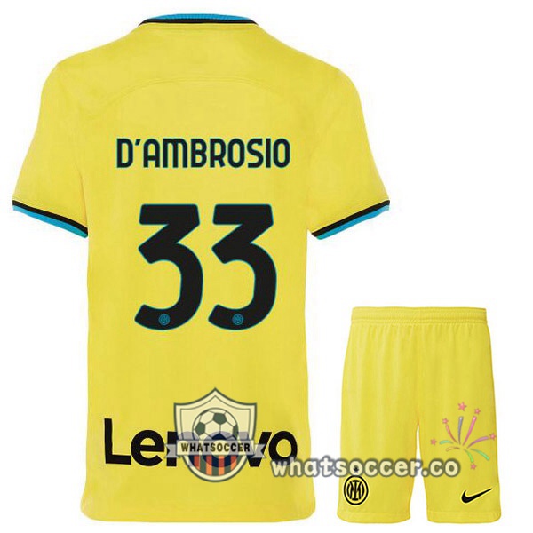 Inter Milan (D'AMBROSIO 33) Kids Third Soccer Jerseys Yellow 2022-2023