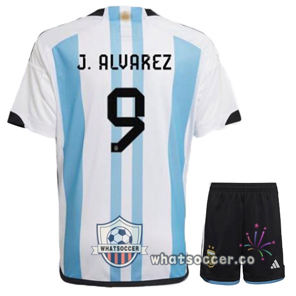 Argentina (J. ALVAREZ 9) Kids Home Soccer Jerseys Blue White 2022-2023