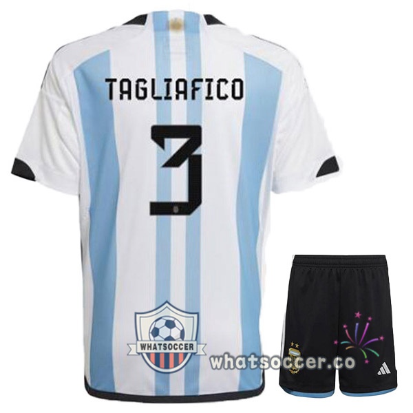 Argentina (TAGLIAFICO 3) Kids Home Soccer Jerseys Blue White 2022-2023