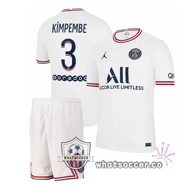 Jordan Paris PSG (Kimpembe 3) Kids Fourth Soccer Jerseys White 2021-2022