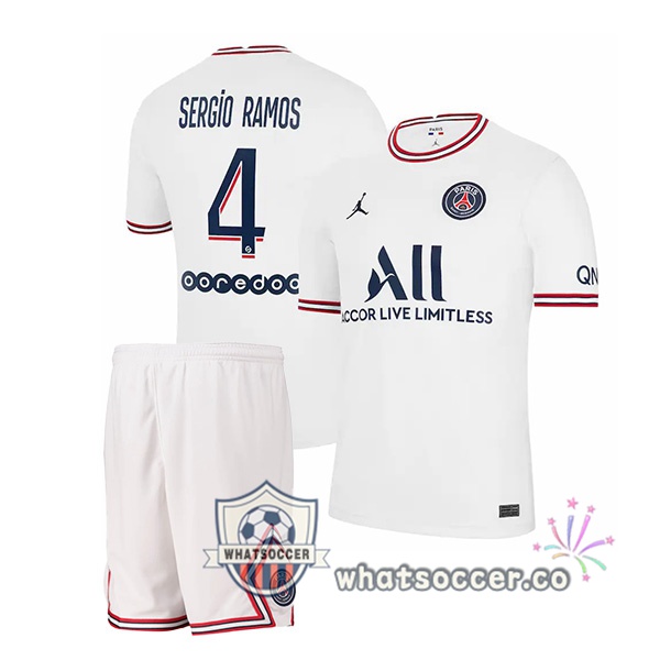 Jordan Paris PSG (Sergio Ramos 4) Kids Fourth Soccer Jerseys White 2021-2022