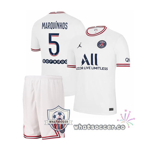 Jordan Paris PSG (Marquinhos 5) Kids Fourth Soccer Jerseys White 2021-2022