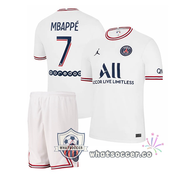 Jordan Paris PSG (Mbapp茅 7) Kids Fourth Soccer Jerseys White 2021-2022