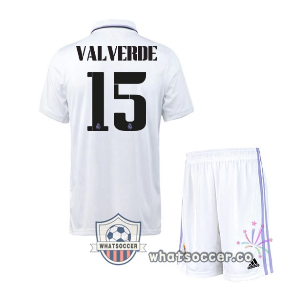 Real Madrid (Valverde 15) Kids Home Soccer Jerseys White 2022-2023