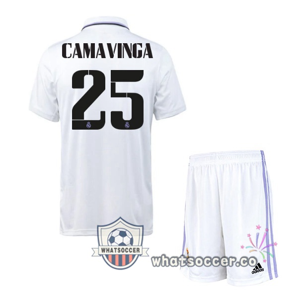 Real Madrid (Camavinga 25) Kids Home Soccer Jerseys White 2022-2023