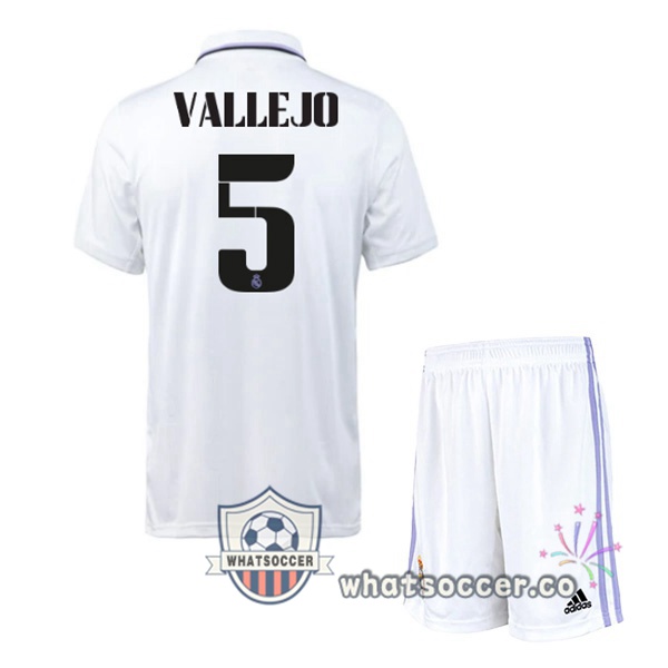Real Madrid (Vallejo 5) Kids Home Soccer Jerseys White 2022-2023