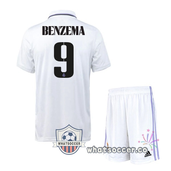 Real Madrid (Benzema 9) Kids Home Soccer Jerseys White 2022-2023