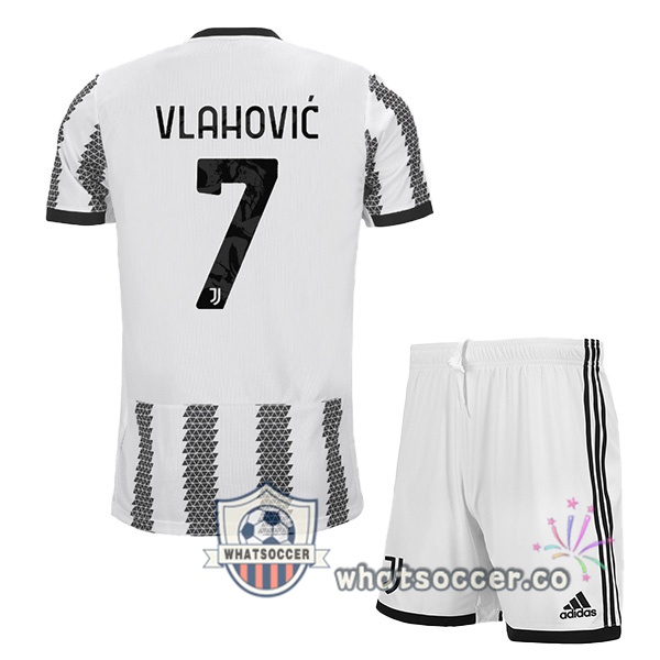 Juventus (VLAHOVIC 7) Kids Home Soccer Jerseys White Black 2022-2023