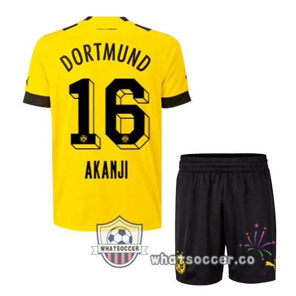 Dortmund BVB (Akanji 16) Kids Home Soccer Jerseys Yellow 2022-2023