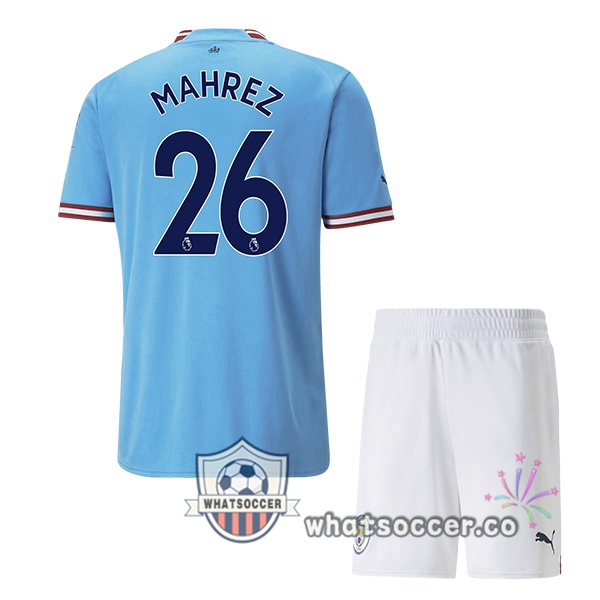 Manchester City (Riyad Mahrez 26) Kids Home Soccer Jerseys Blue 2022-2023