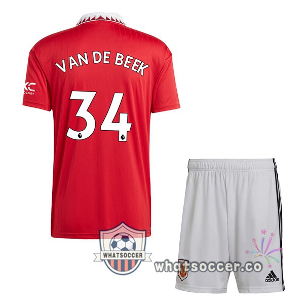 Manchester United (VAN DE BEEK 34) Kids Home Soccer Jerseys Red 2022-2023