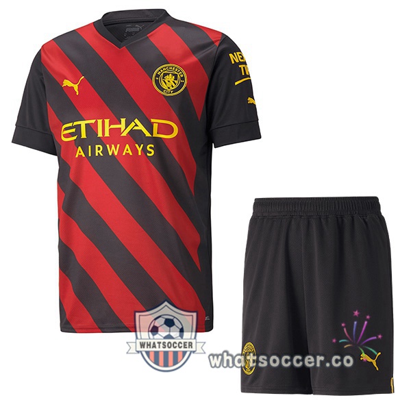 Manchester City Kids Away Soccer Jerseys Red Black 2022-2023