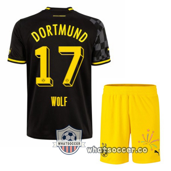 Dortmund BVB (Wolf 17) Kids Away Soccer Jerseys Black 2022-2023