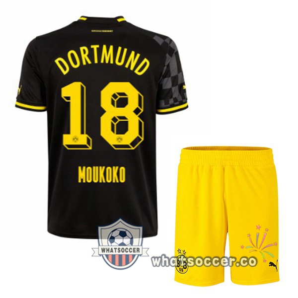 Dortmund BVB (Moukoko 18) Kids Away Soccer Jerseys Black 2022-2023