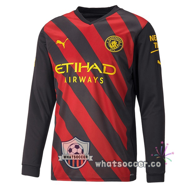 Manchester City Away Soccer Jerseys Long Sleeve Red Black 2022-2023
