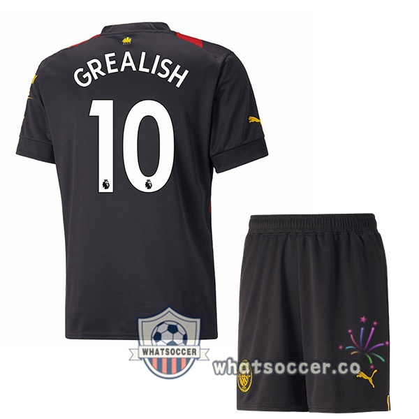 Manchester City (Jack Grealish 10) Kids Away Soccer Jerseys Red Black 2022-2023